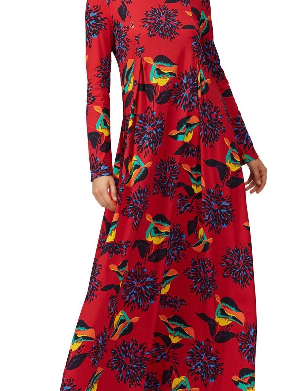 LA DoubleJ Red Tropical Print Long Sleeve Maxi Trapezio Dress